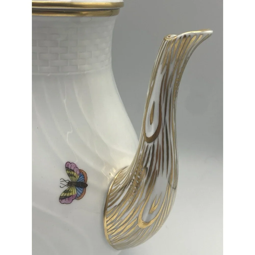 Herend Rothschild Bird Coffee Pot 6‎ 5/8 in Pink Rose Lid Butterflies Necklace